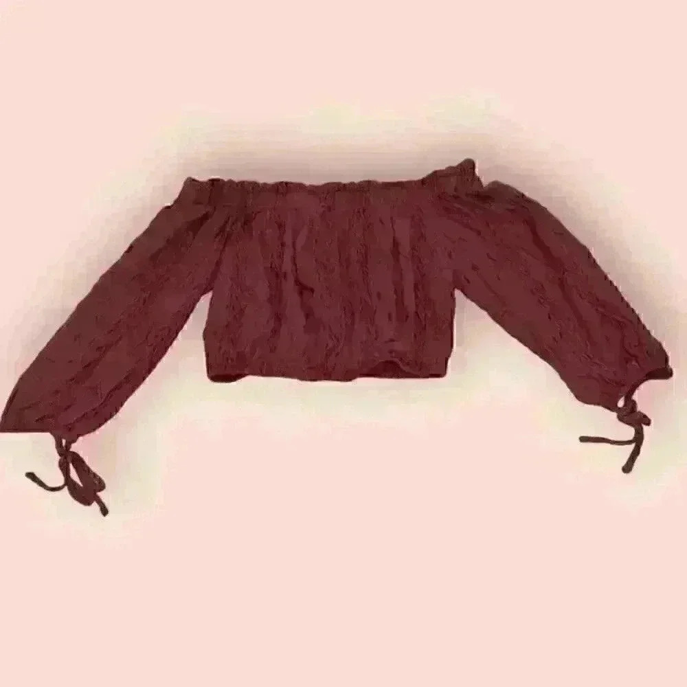 ILLA ILLA Maroon Off-The-Shoulder Crop Top Tie Neck Long Sleeve Blouse Size S